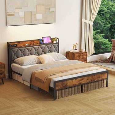 Advwin Double bed / Queen bed Size Bed Frame, Storage Tufted Headboard & Charging Station and USB Ports, Industrial Upholstered Platform Bed